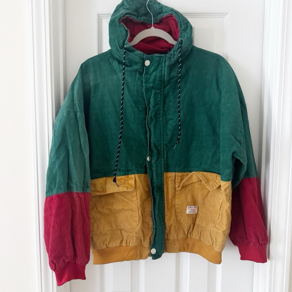 Zaful XL Green Colorblock Corduroy Patchwork Hooded Jacket